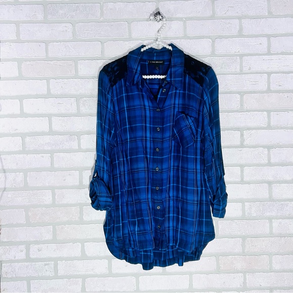 Lane Bryant Blue Plaid Button Down Lace Detail Roll Tab Sleeve Shirt Size 14/16 - Picture 2 of 10